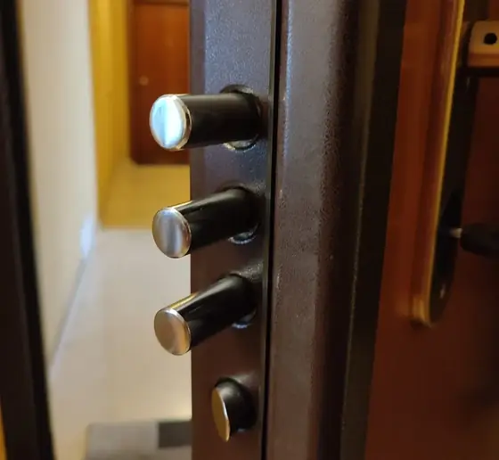 Catenacci cromati di una porta blindata aperta – Bologna